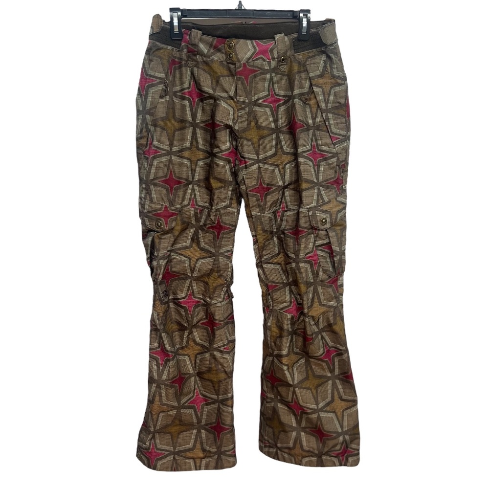 North Face Ski Snowboard Pants Brown Pink Diamond Print Hyvent Pockets Medium